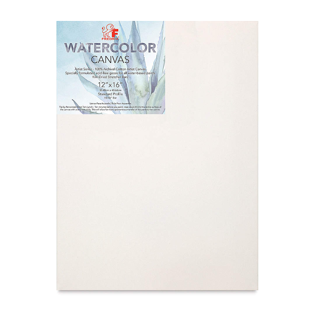 Open in modal - Fredrix Archival Stretched Watercolor Cotton Canvas - Front view of canvas with label