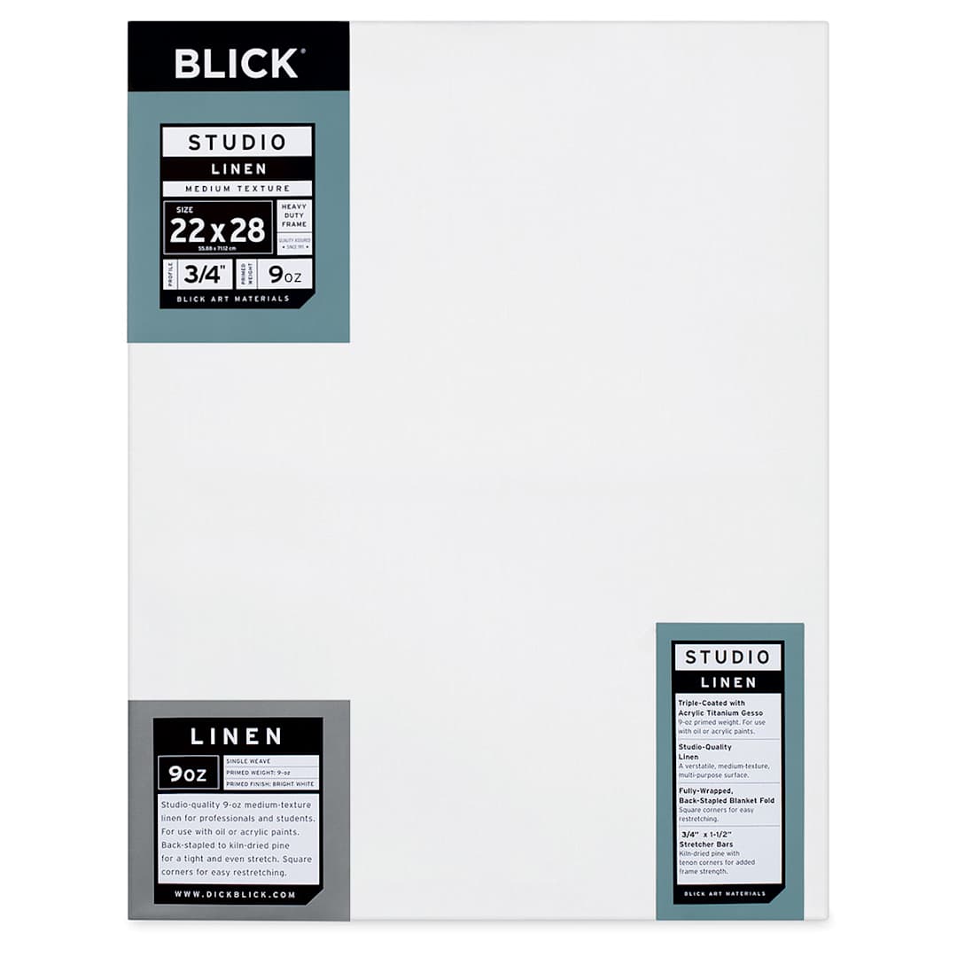 Open in modal - Blick Studio Linen Stretched Canvas - Front view of packaged 3/4" profile canvas