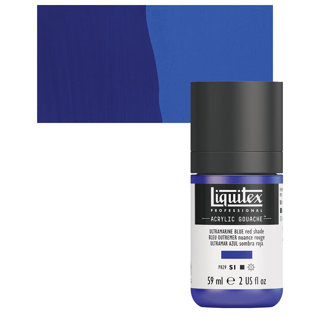 Open in modal - Liquitex Acrylic Gouache - Ultramarine Blue Red Shade, 59 ml bottle and swatch