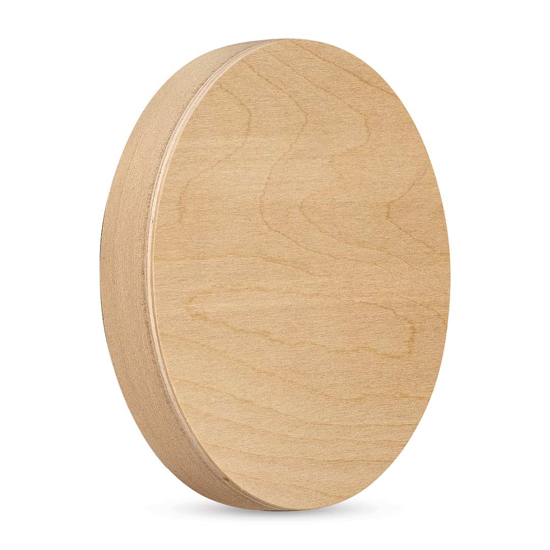 Open in modal - American Easel Cradled Round Birch Painting Panel - 6" Dia. x 7/8" D (Front, Angled view)