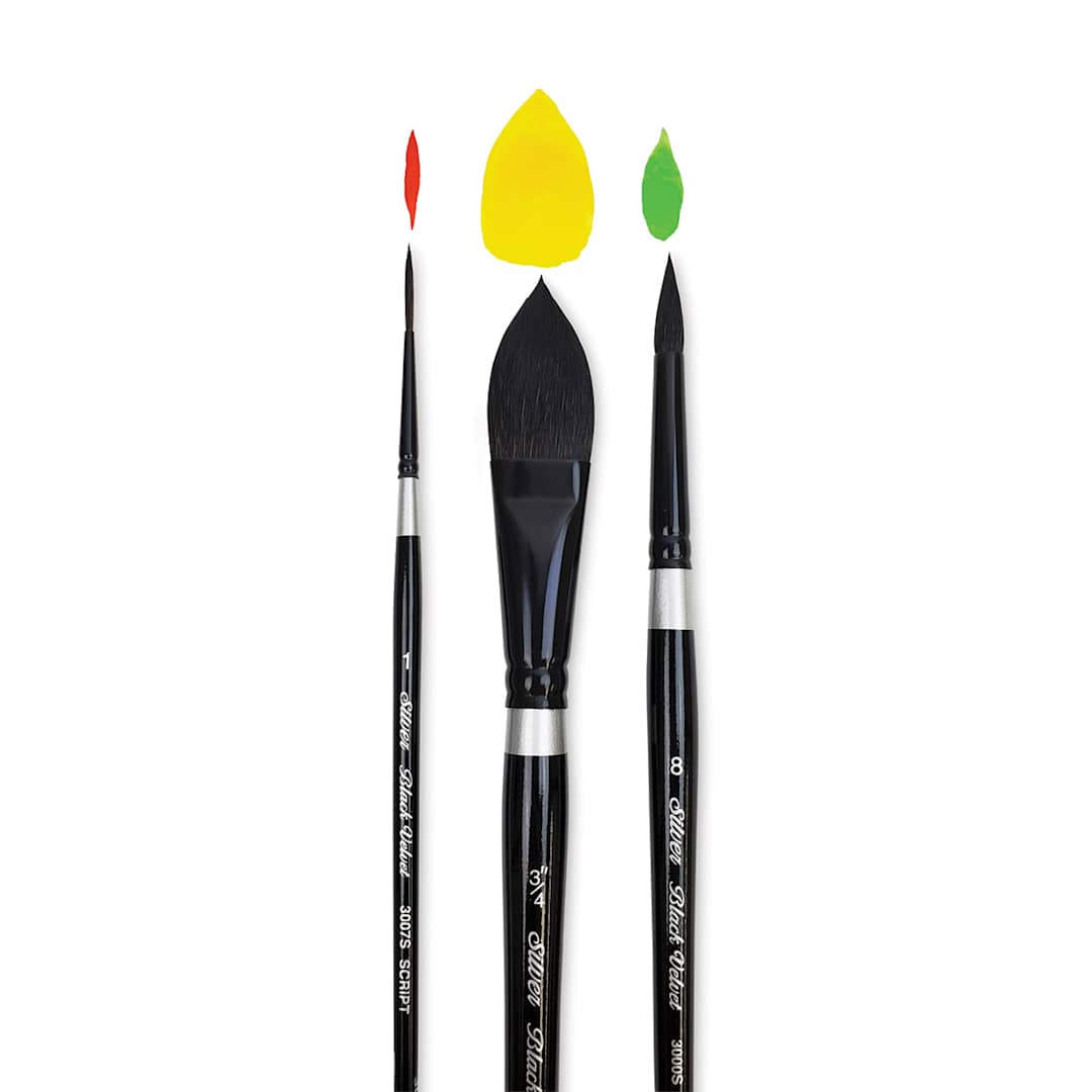 Open in modal - Silver Brush Black Velvet Watercolor Brush Set - Assorted, Set of 3 (with example stroke)