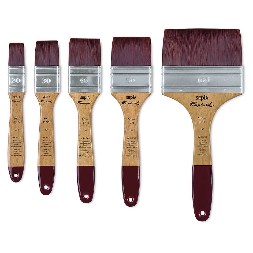 Open in modal - Raphaël Sepia Flat Brushes - Several sizes of Flat brushes shown upright

