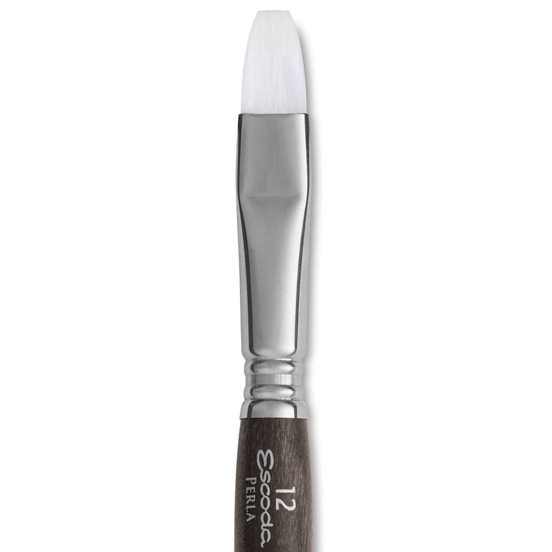 Open in modal - Escoda Perla Toray White Synthetic Travel Brush - Bright, Short Handle, Size 12, close-up
