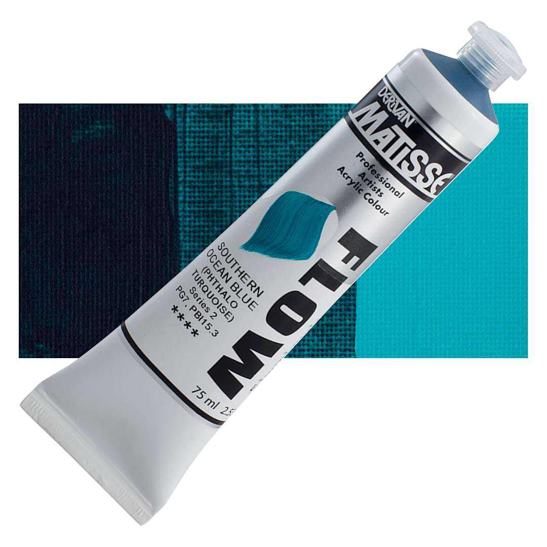 Open in modal - Matisse Flow Acrylic Paint - Southern Ocean Blue, 75 ml tube and swatch