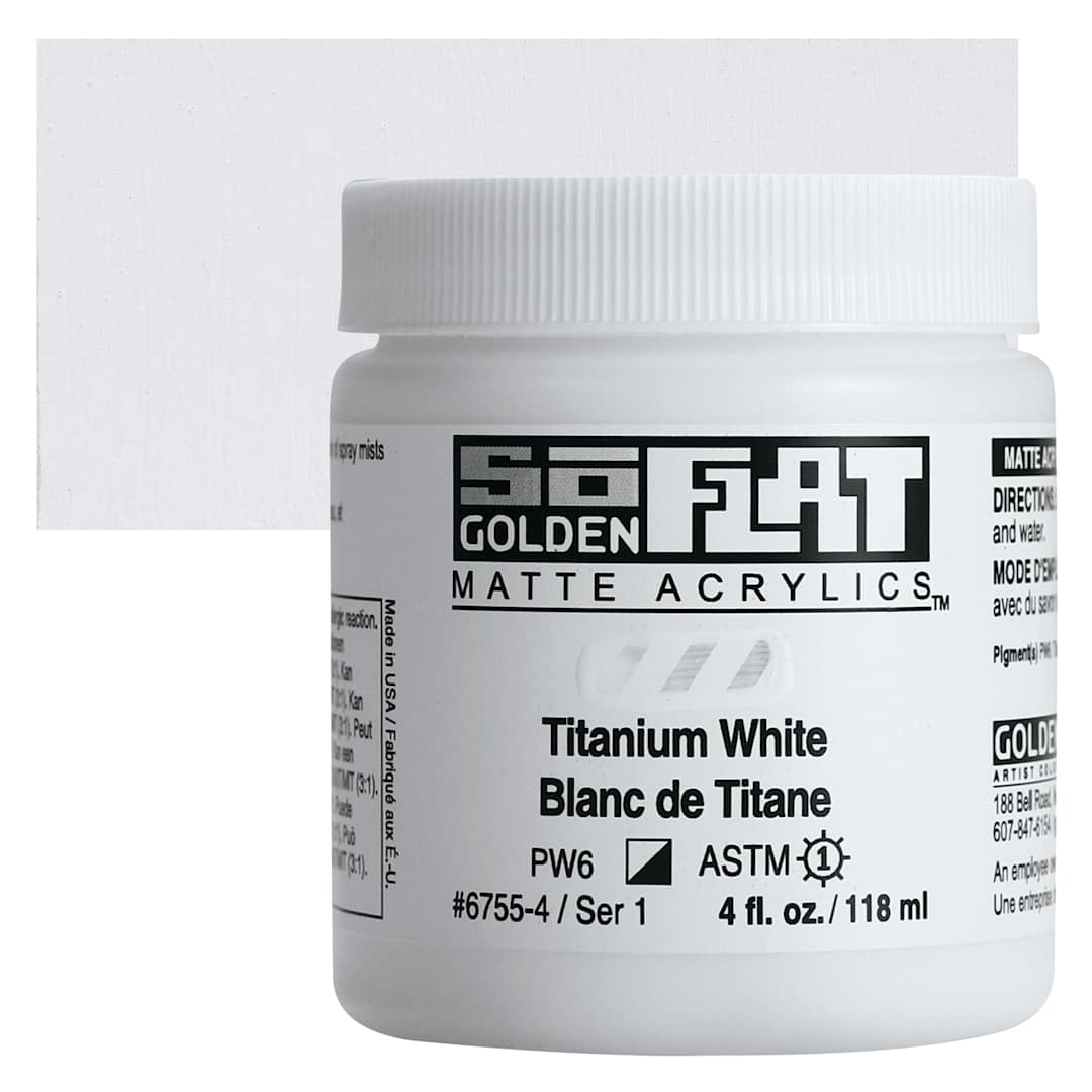 Open in modal - Golden SoFlat Matte Acrylic Paint - Titanium White, 118 ml, Jar and swatch