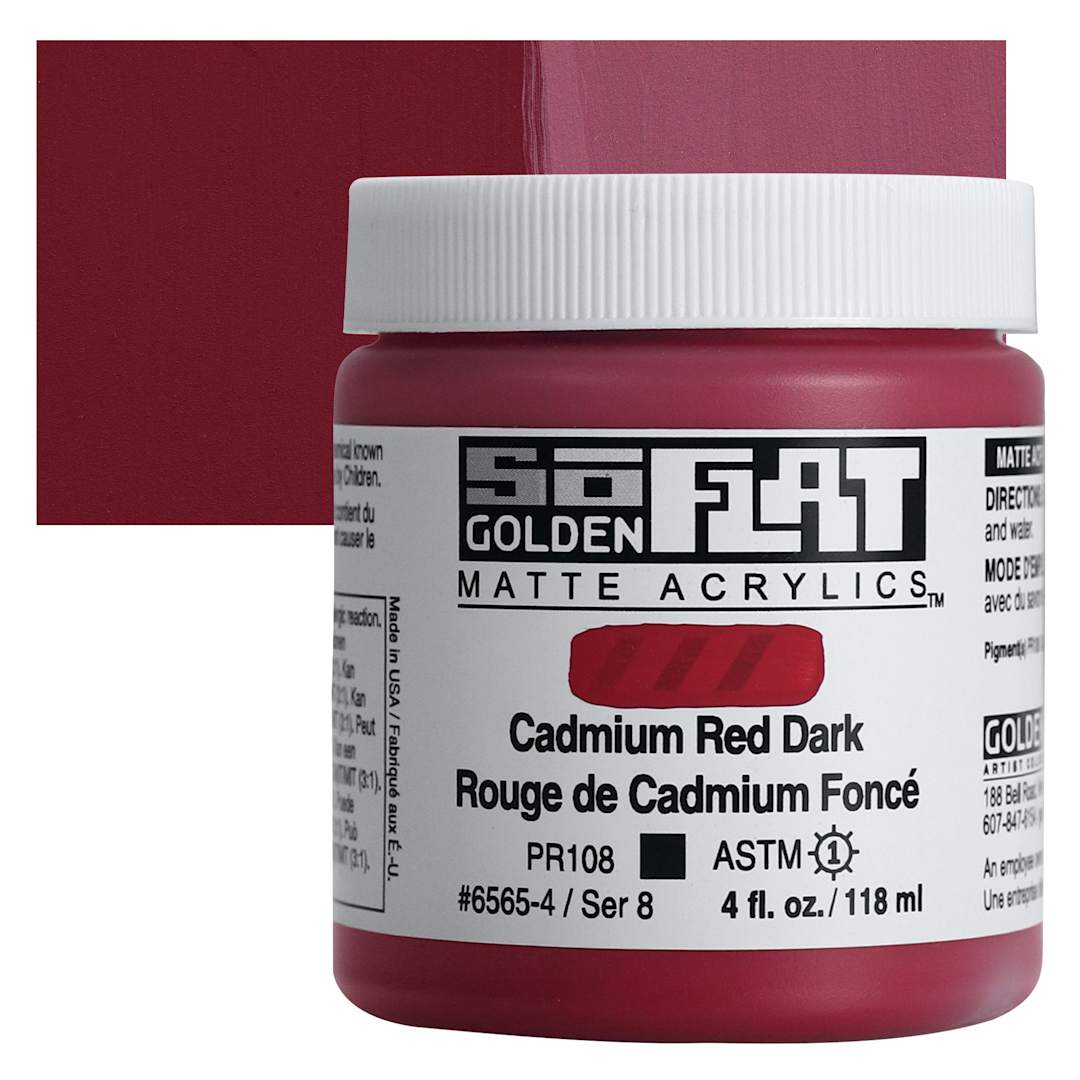 Open in modal - Golden SoFlat Matte Acrylic Paint - Cadmium Red Dark, 118 ml, Jar and swatch