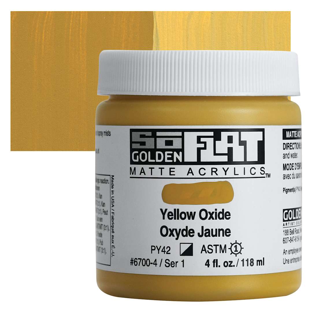 Open in modal - Golden SoFlat Matte Acrylic Paint - Yellow Oxide, 118 ml, Jar and swatch