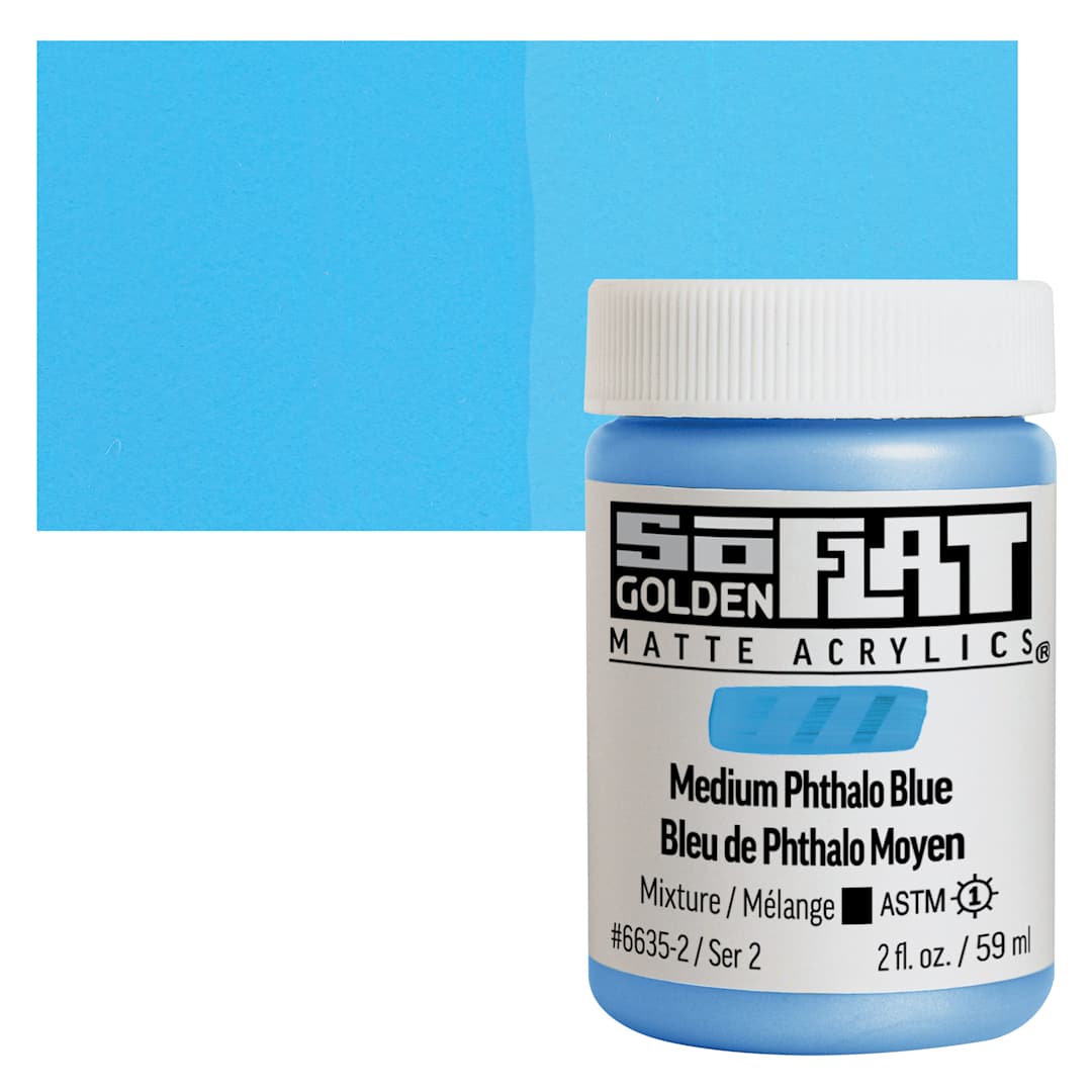 Open in modal - Golden SoFlat Matte Acrylic Paint - Medium Phthalo Blue, 59 ml, Jar and swatch