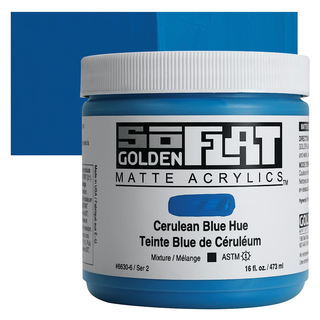 Open in modal - Golden SoFlat Matte Acrylic Paint - Cerulean Blue Hue, 473 ml, Jar and swatch