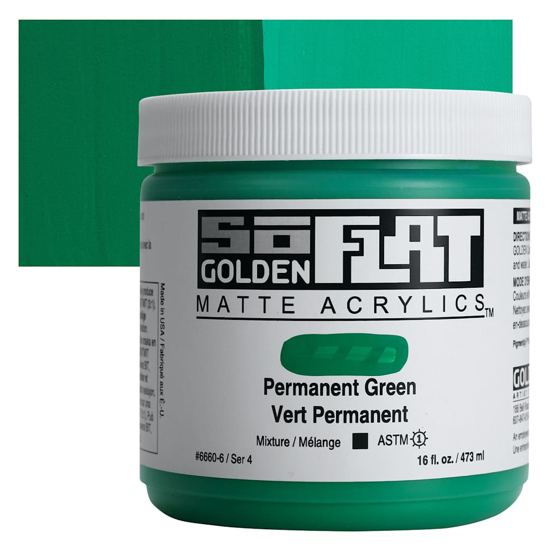 Open in modal - Golden SoFlat Matte Acrylic Paint - Permanent Green, 473 ml, Jar and swatch