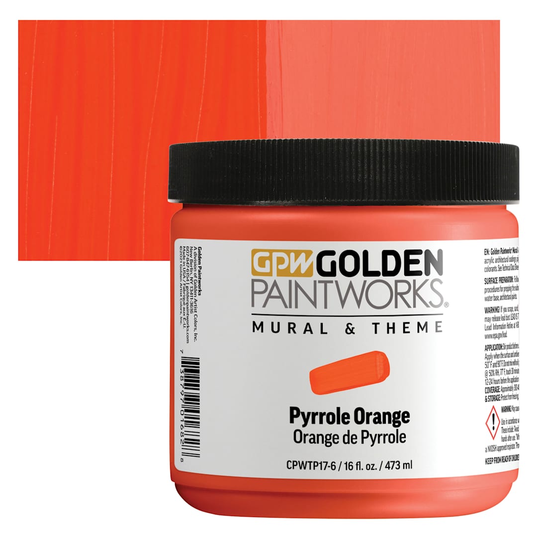 Open in modal - Golden Paintworks Mural and Theme Acrylic Paint - Pyrrole Orange, 16 oz, Jar and swatch
