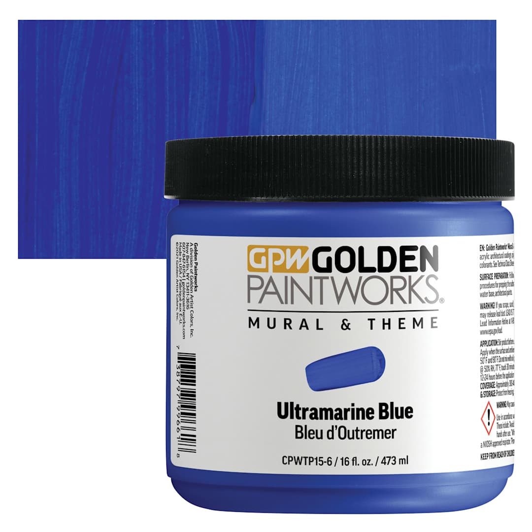 Open in modal - Golden Paintworks Mural and Theme Acrylic Paint - Ultramarine Blue, 16 oz, Jar and swatch