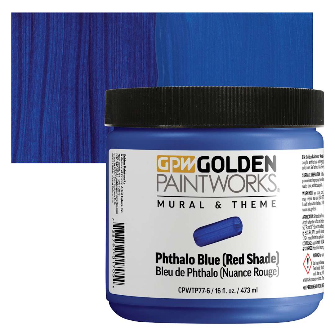 Open in modal - Golden Paintworks Mural and Theme Acrylic Paint - Phthalo Blue (Red Shade), 16 oz, Jar and swatch