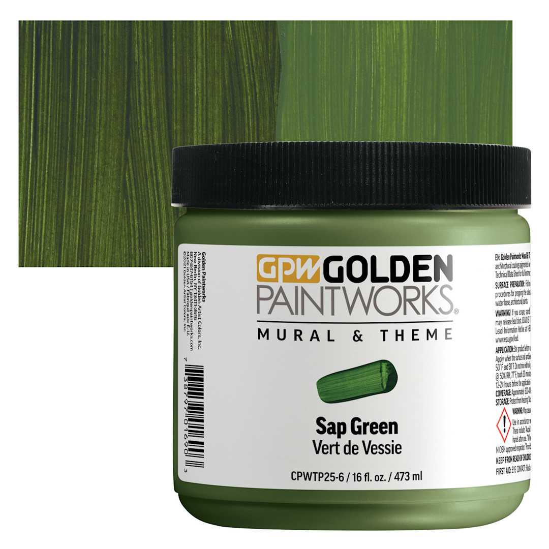 Open in modal - Golden Paintworks Mural and Theme Acrylic Paint - Sap Green, 16 oz, Jar and swatch