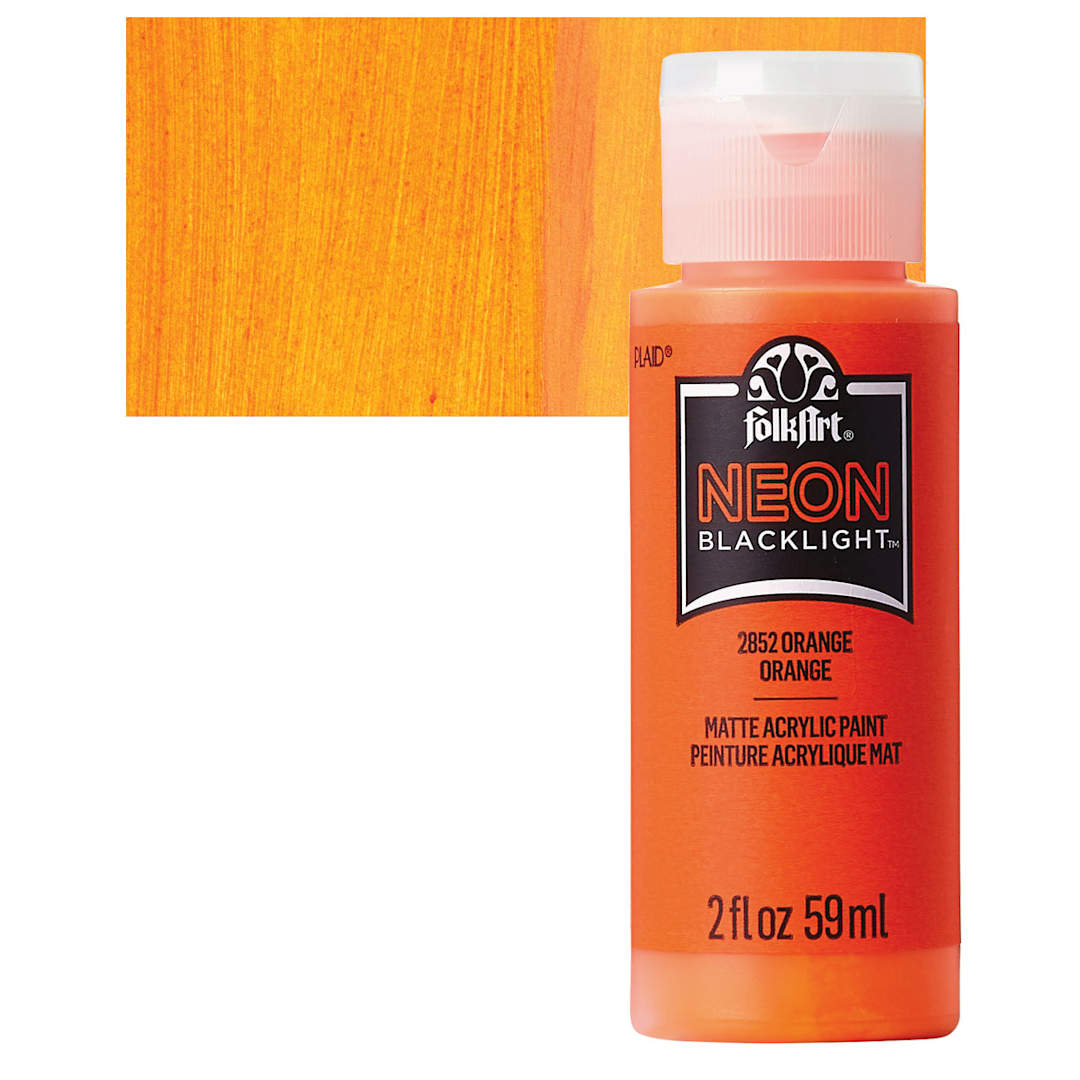 Open in modal - FolkArt Multi-Surface Neon Blacklight Acrylic Paint - Orange, 2 oz, Bottle and swatch
