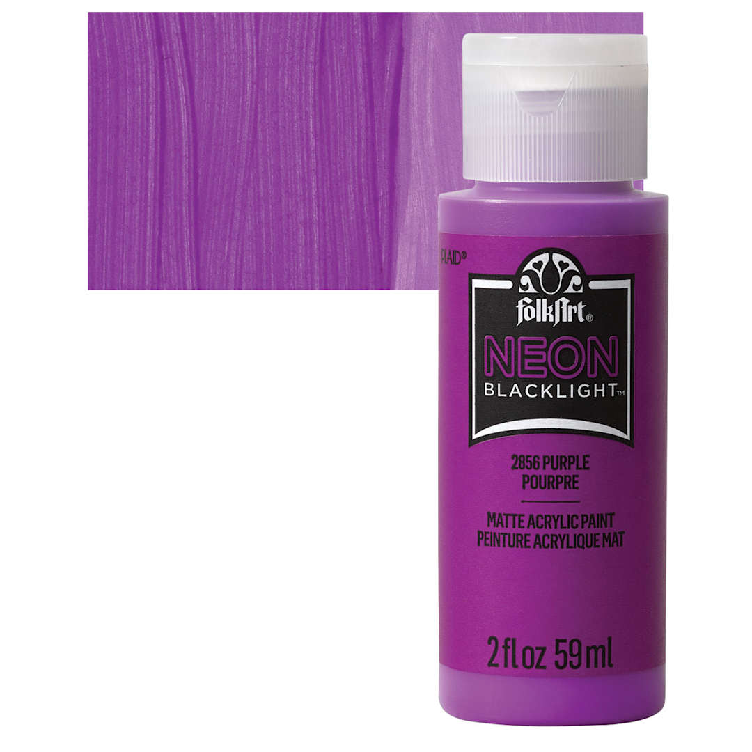 Open in modal - FolkArt Multi-Surface Neon Blacklight Acrylic Paint - Purple, 2 oz, Bottle and swatch