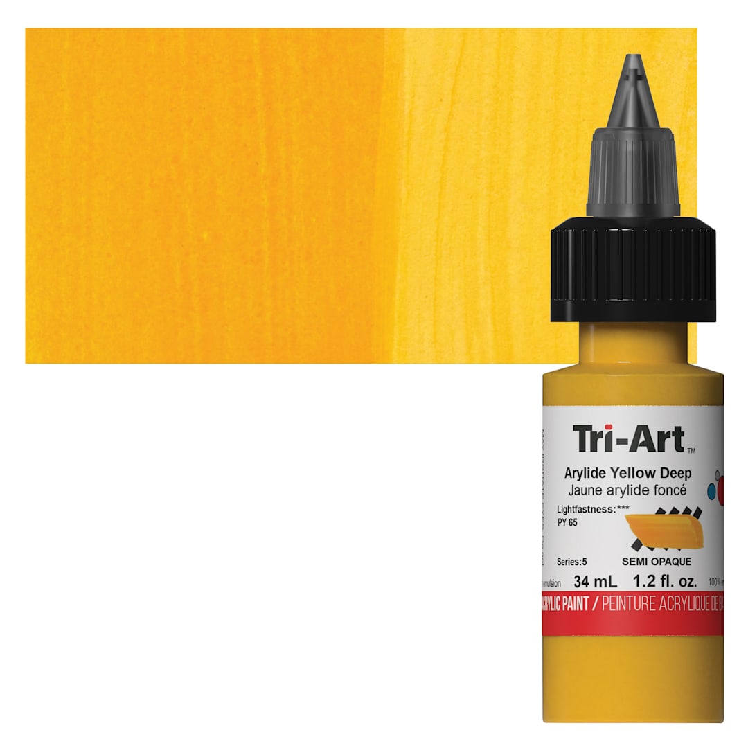 Open in modal - Tri-Art Low-Viscosity Artist Acrylic - Arylide Yellow Deep, 34 ml Tube and swatch