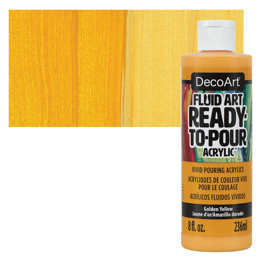 Open in modal - DecoArt Fluid Art Ready-To-Pour Acrylic - Golden Yellow, 8 oz Bottle and swatch