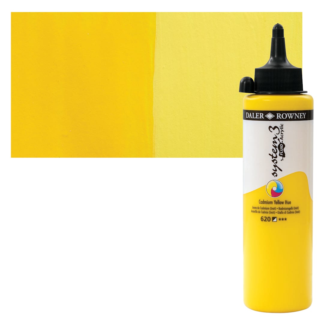 Open in modal - Daler-Rowney System3 Fluid Acrylic - Cadmium Yellow Hue, 250 ml bottle and swatch