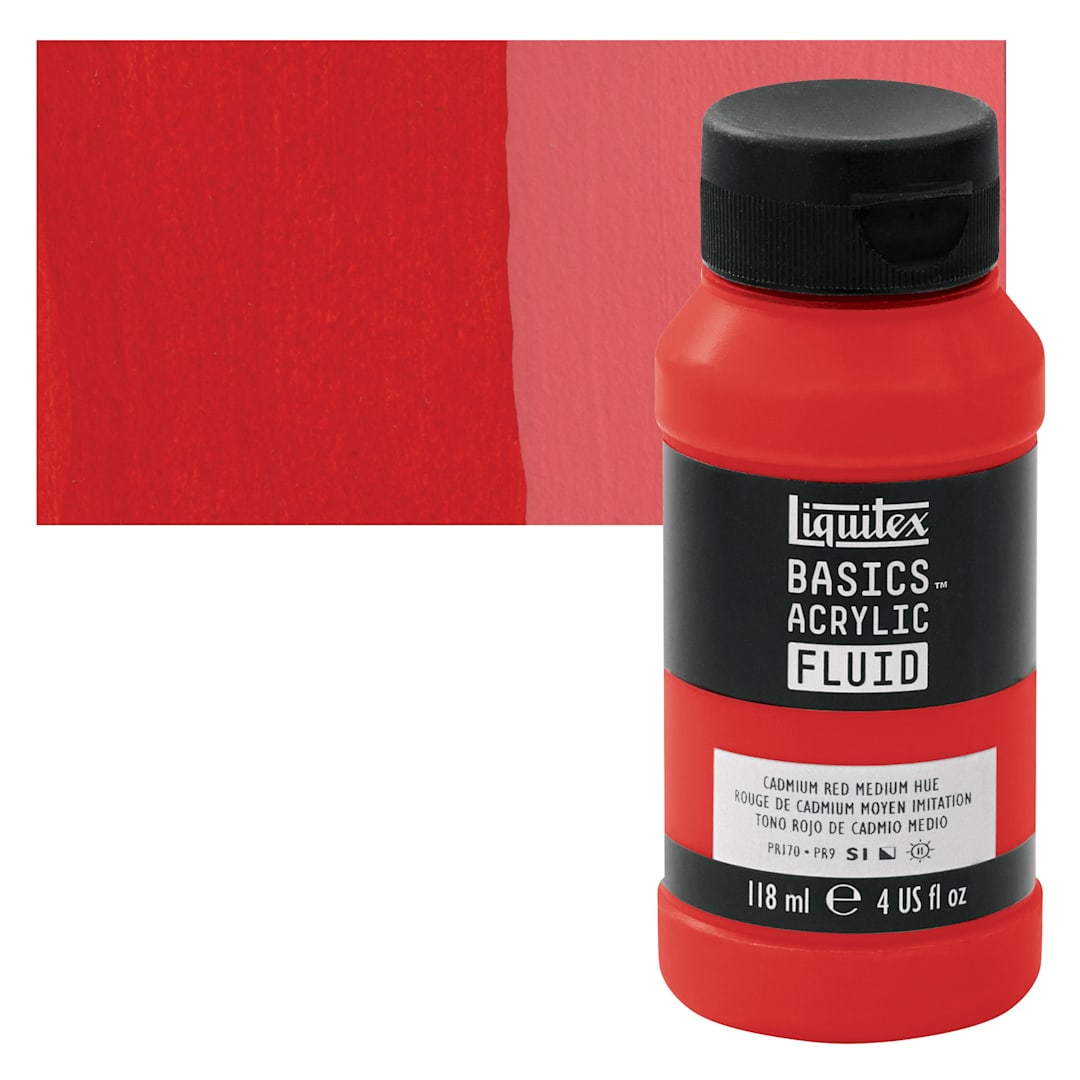 Open in modal - Liquitex Basics Acrylic Fluid Paint - Cadmium Red Medium Hue, 118 ml bottle and swatch