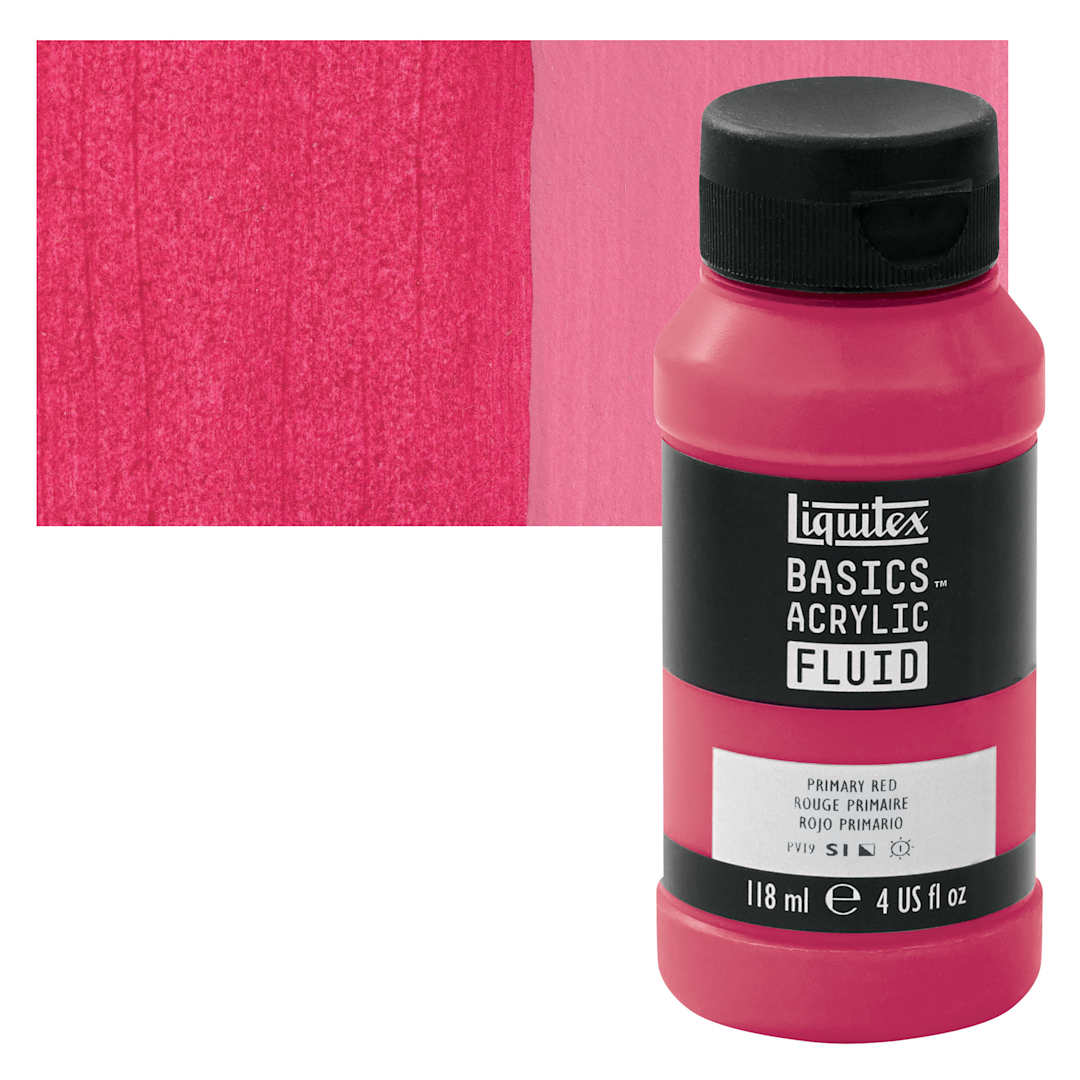 Open in modal - Liquitex Basics Acrylic Fluid Paint - Primary Red, 118 ml bottle and swatch
