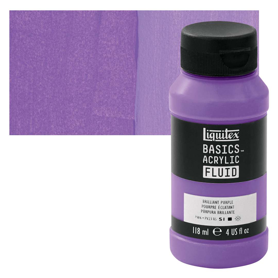 Open in modal - Liquitex Basics Acrylic Fluid Paint - Brilliant Purple, 118 ml bottle and swatch