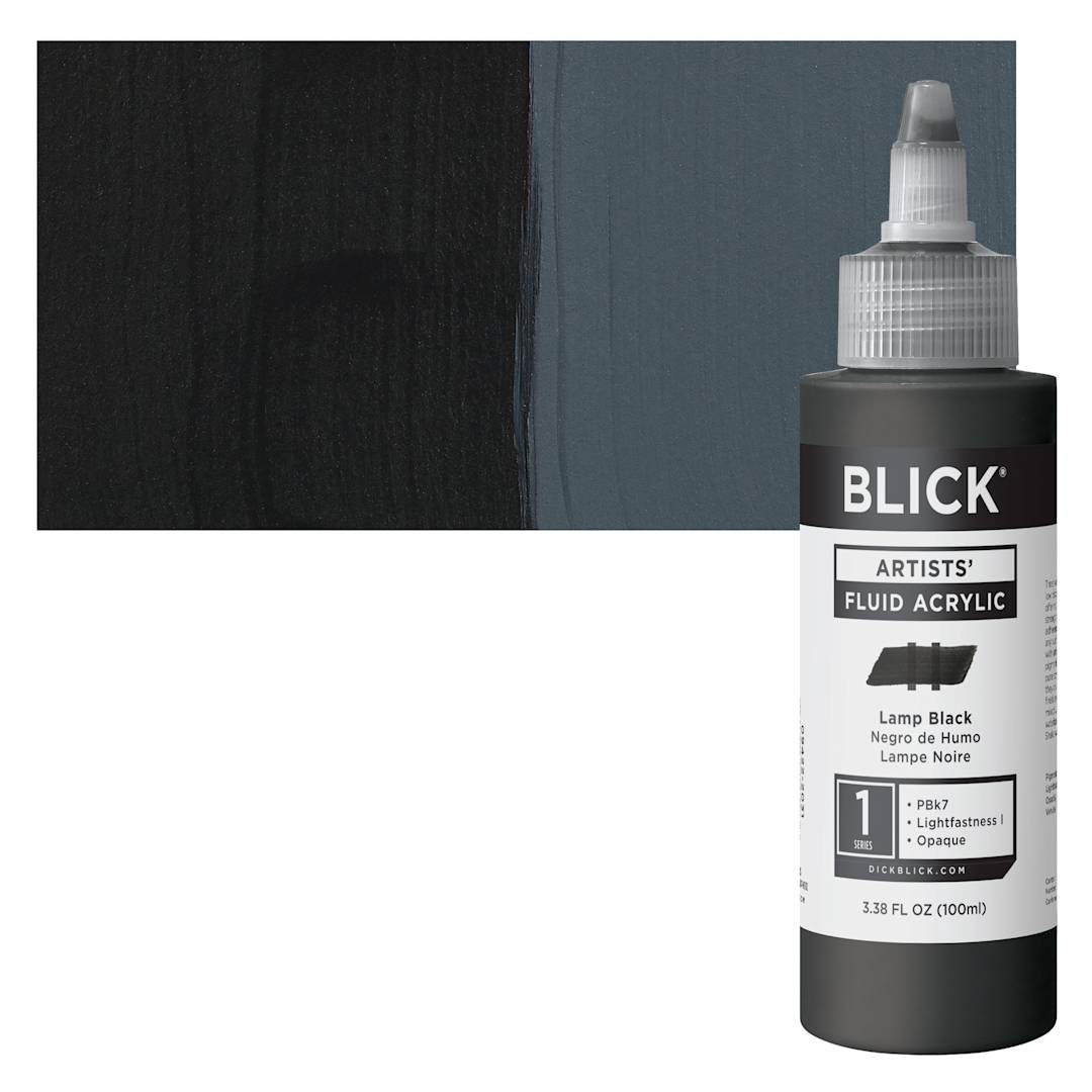 Open in modal - Blick Artists’ Fluid Acrylic - Lamp Black, 100 ml, Bottle and Swatch