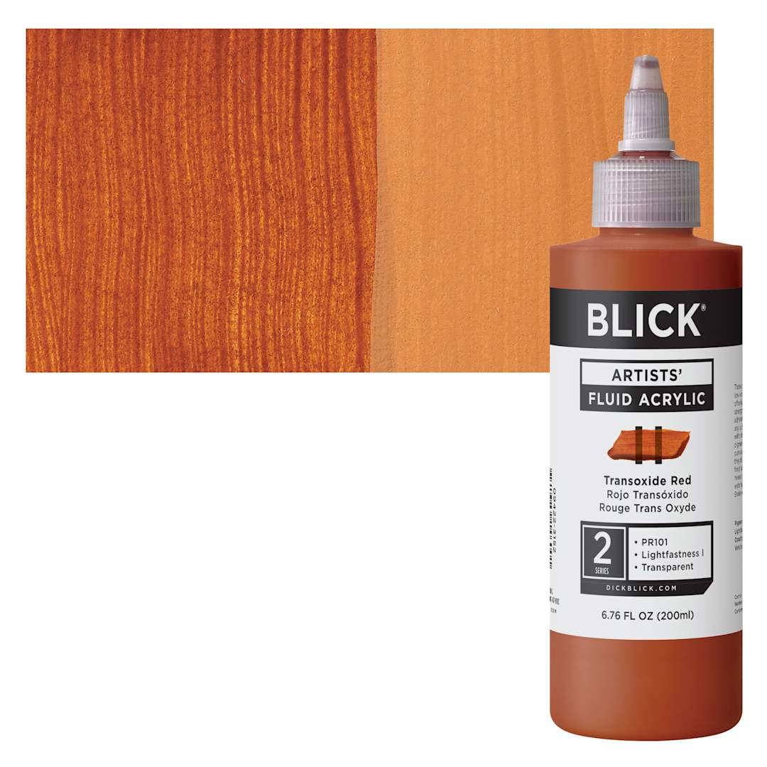 Open in modal - Blick Artists’ Fluid Acrylic - Transoxide Red, 200 ml bottle and swatch