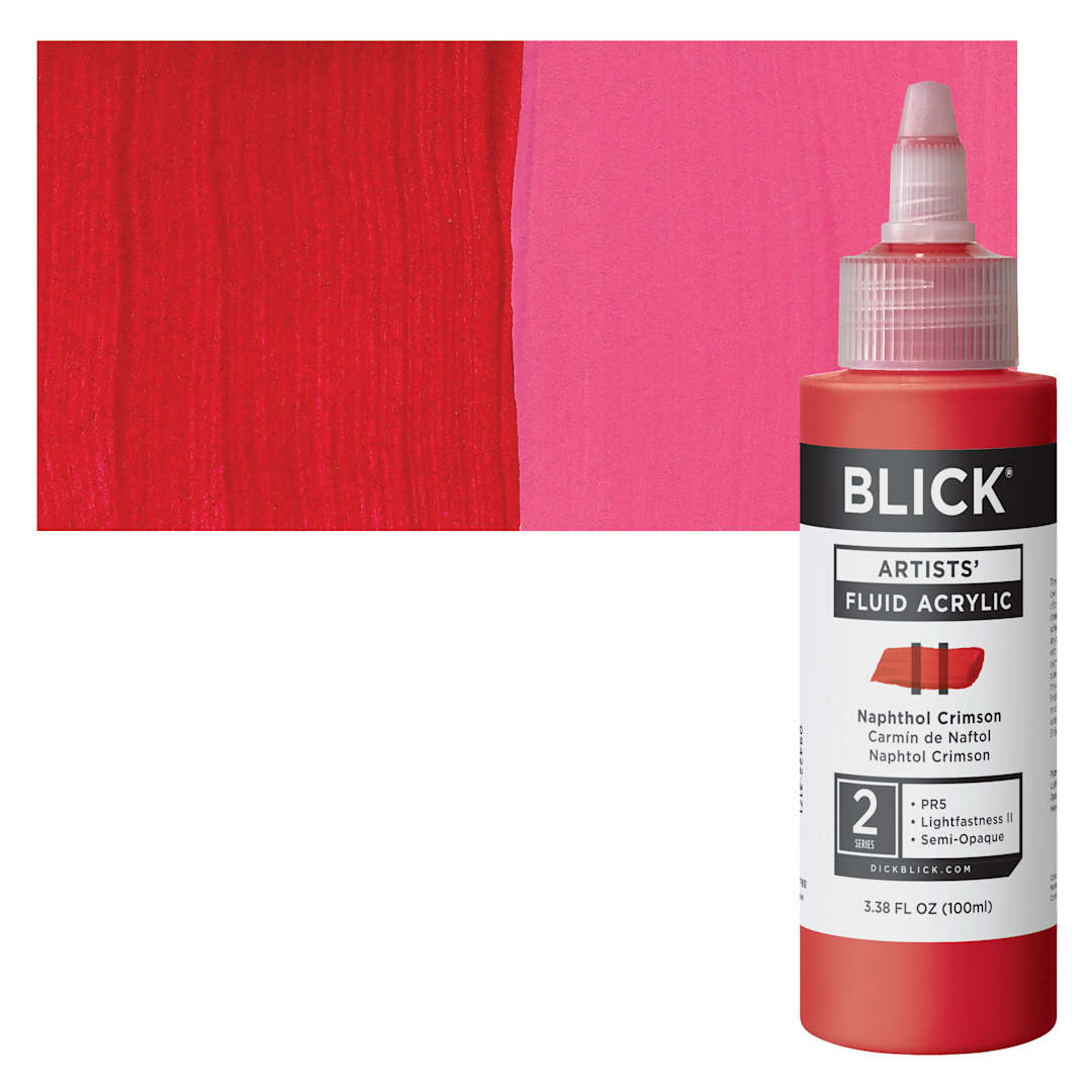 Open in modal - Blick Artists’ Fluid Acrylic - Naphthol Crimson, 100 ml Bottle and Swatch