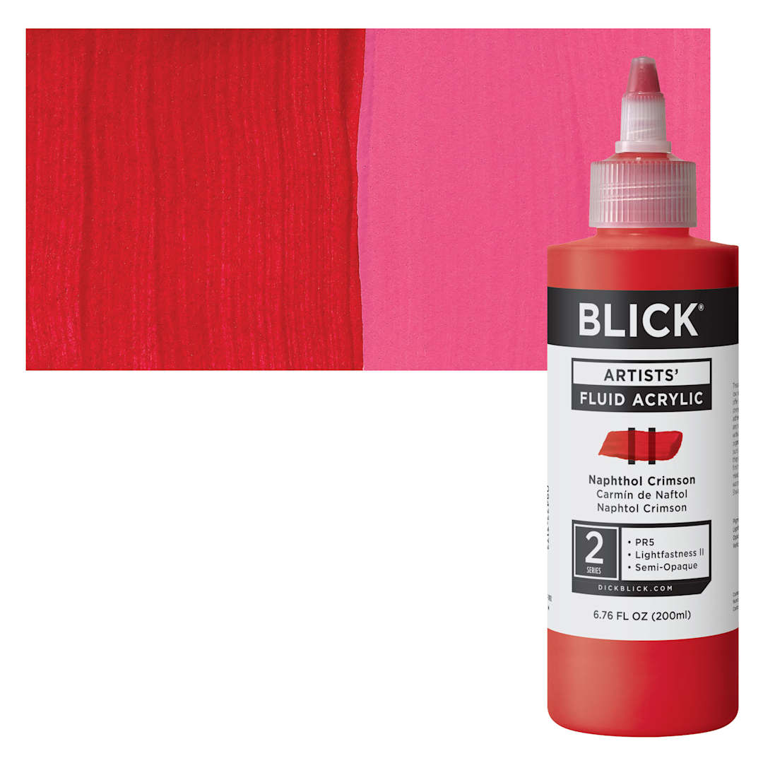 Open in modal - Blick Artists’ Fluid Acrylic - Naphthol Crimson, 200 ml bottle and swatch