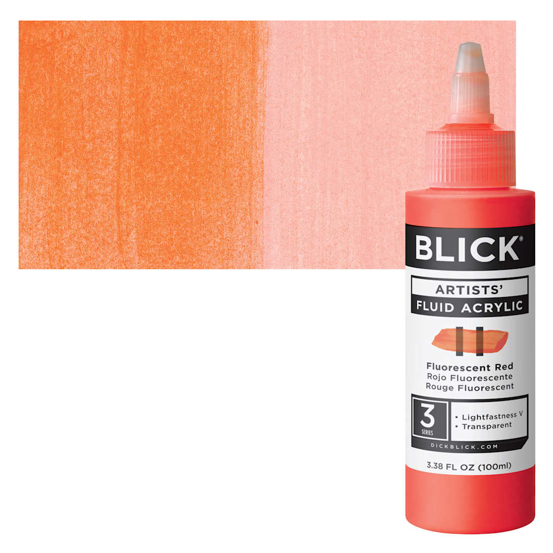 Open in modal - Blick Artists’ Fluid Acrylic - Fluorescent Red, 100 ml bottle and swatch