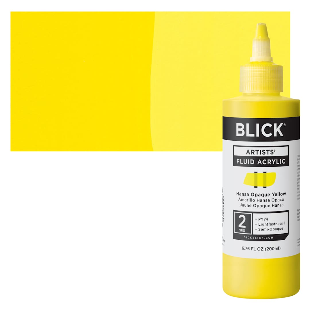 Open in modal - Blick Artists’ Fluid Acrylic - Hansa Yellow Opaque, 200 ml bottle and swatch