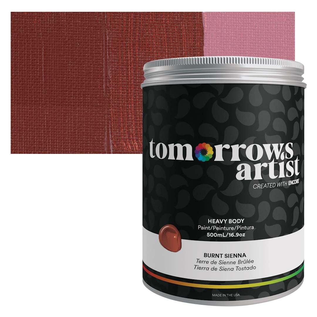 Open in modal - Tomorrow's Artist Eco-Friendly Heavy Body Acrylic Paint - Burnt Sienna, 500 ml jar and swatch
