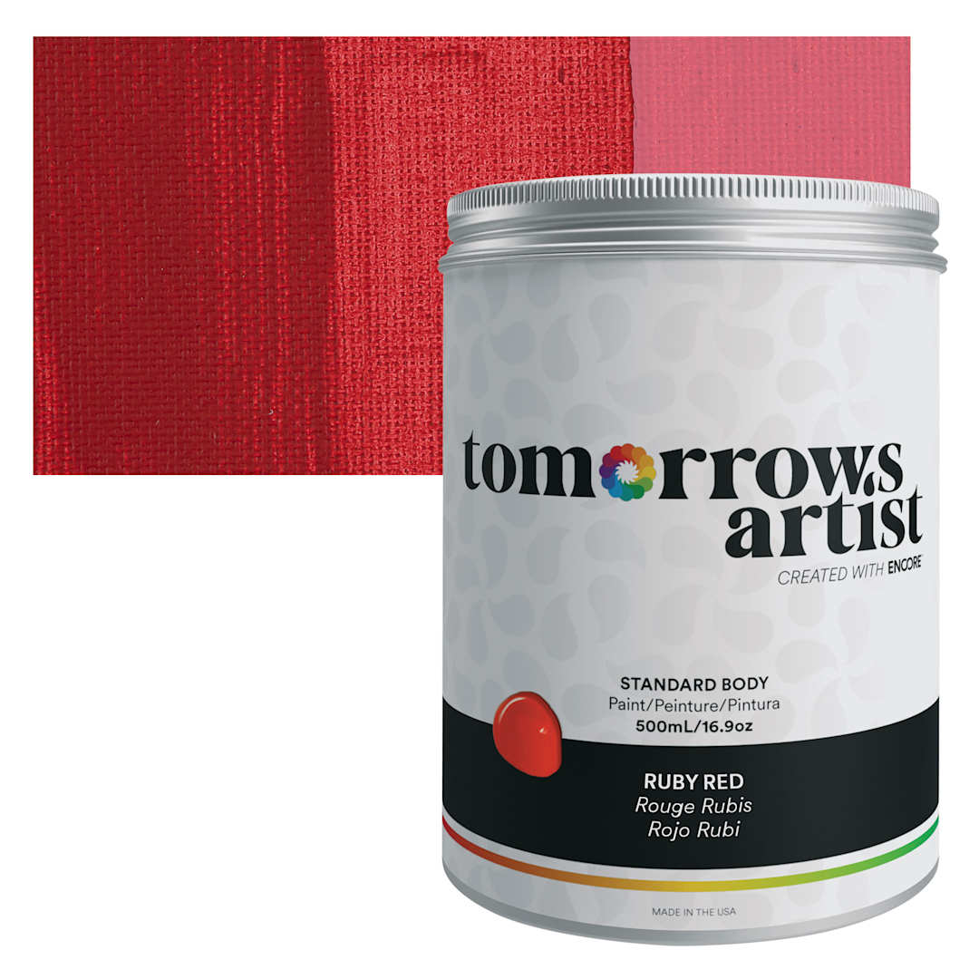 Open in modal - Tomorrow's Artist Eco-Friendly Standard Body Acrylic Paint - Ruby Red, 500 ml jar and swatch