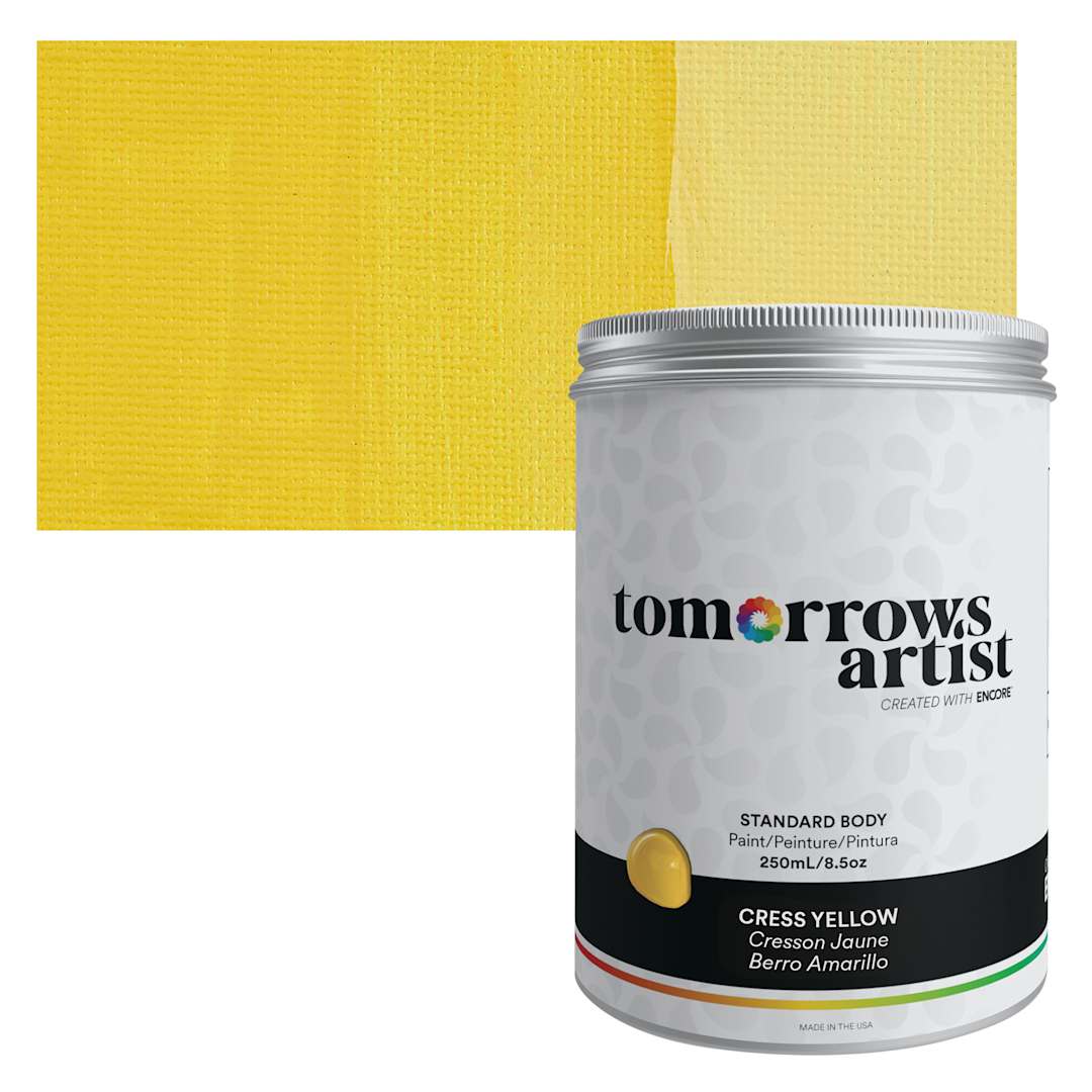 Open in modal - Tomorrow's Artist Eco-Friendly Standard Body Acrylic Paint - Cress Yellow, 250 ml jar and swatch