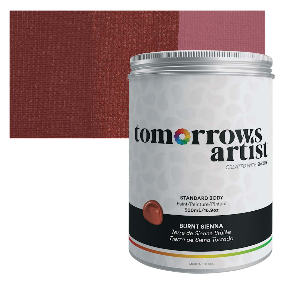 Open in modal - Tomorrow's Artist Eco-Friendly Standard Body Acrylic Paint - Burnt Sienna, 500 ml jar and swatch