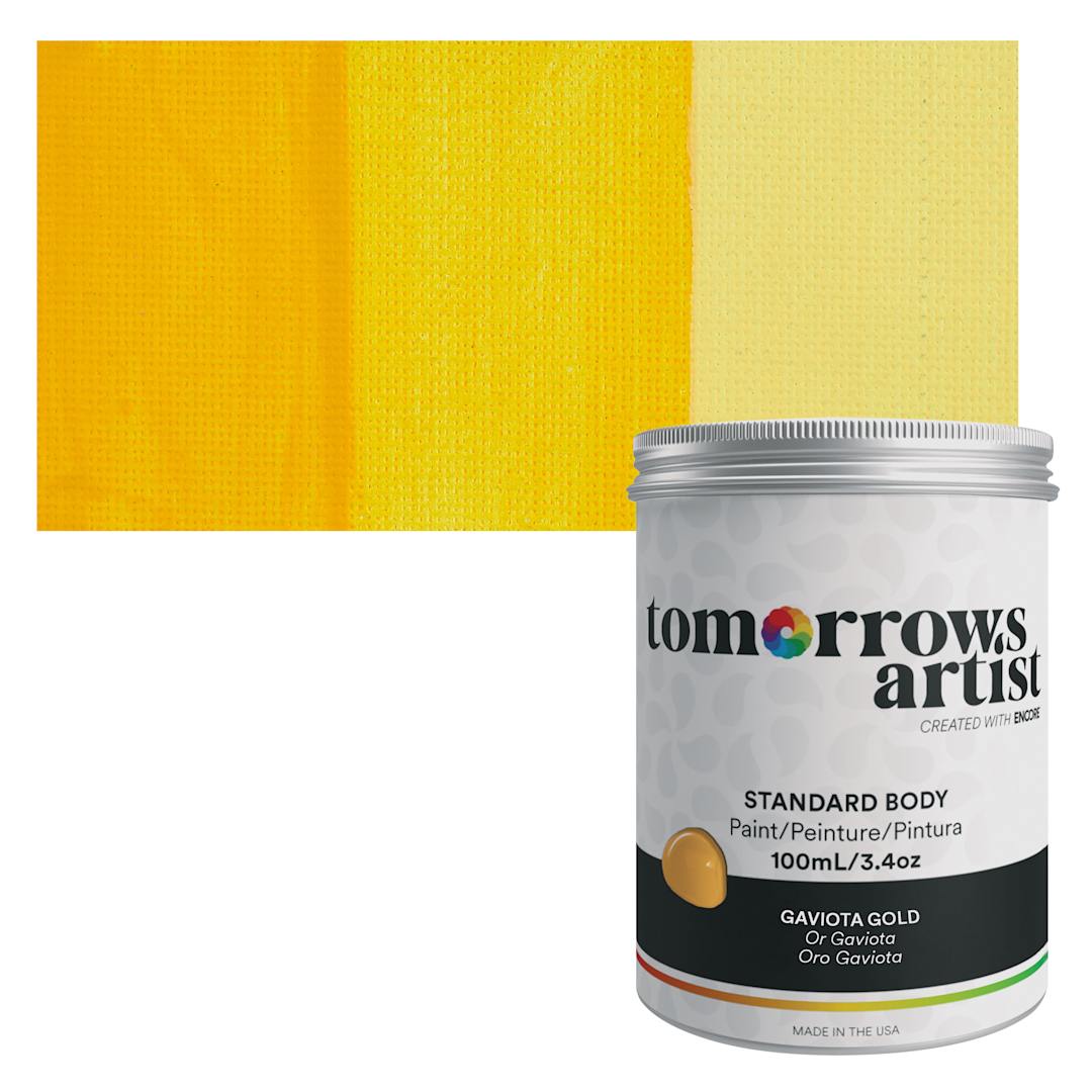 Open in modal - Tomorrow's Artist Eco-Friendly Standard Body Acrylic Paint - Gaviota Gold, 100 ml jar and swatch