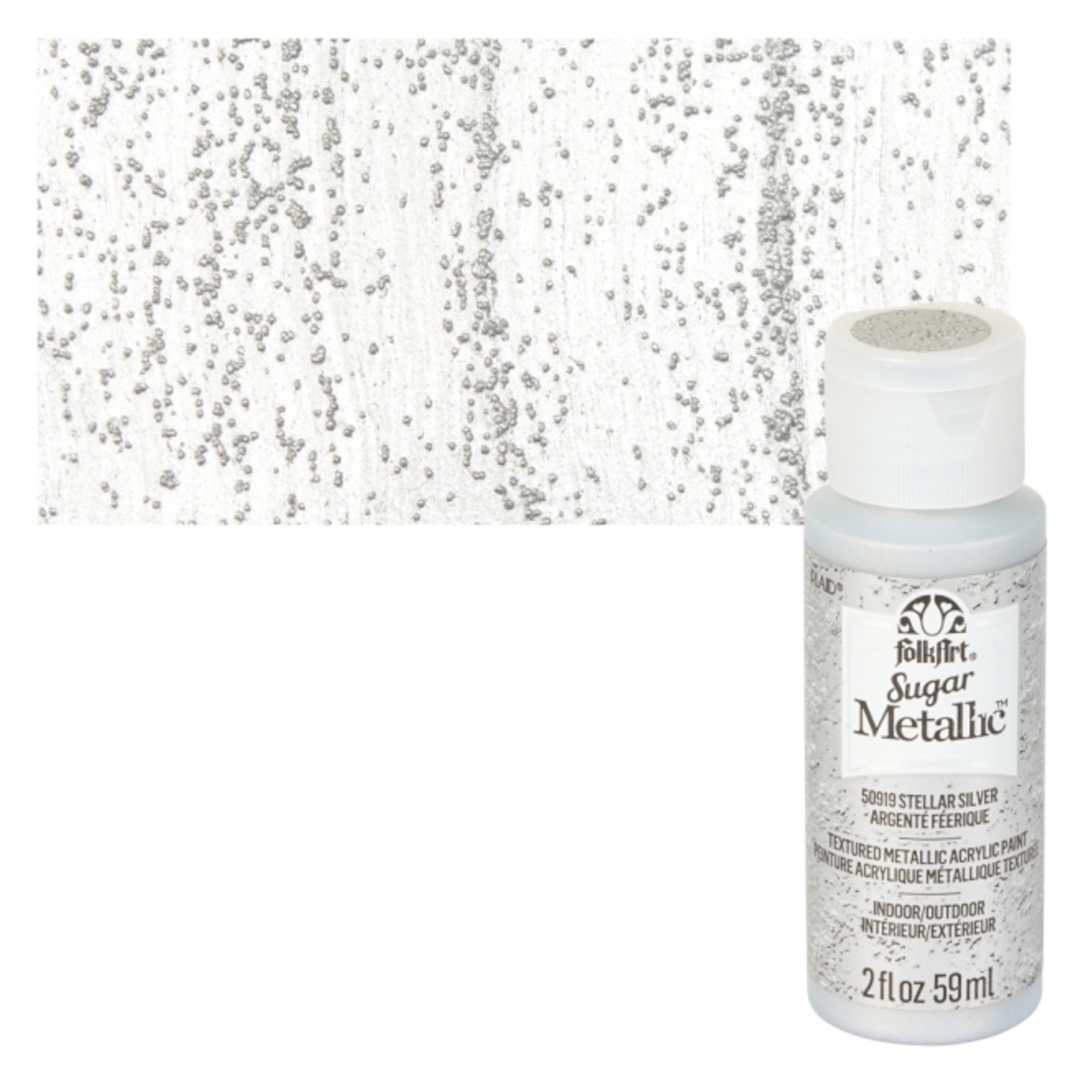 Open in modal - Plaid FolkArt Sugar Metallic Acrylic Paint - Stellar Silver - Bottle and Swatch