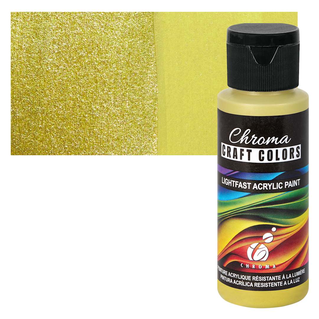 Open in modal - Chroma Craft Colors Acrylic Paint - Metallic Midas Touch, swatch and bottle
