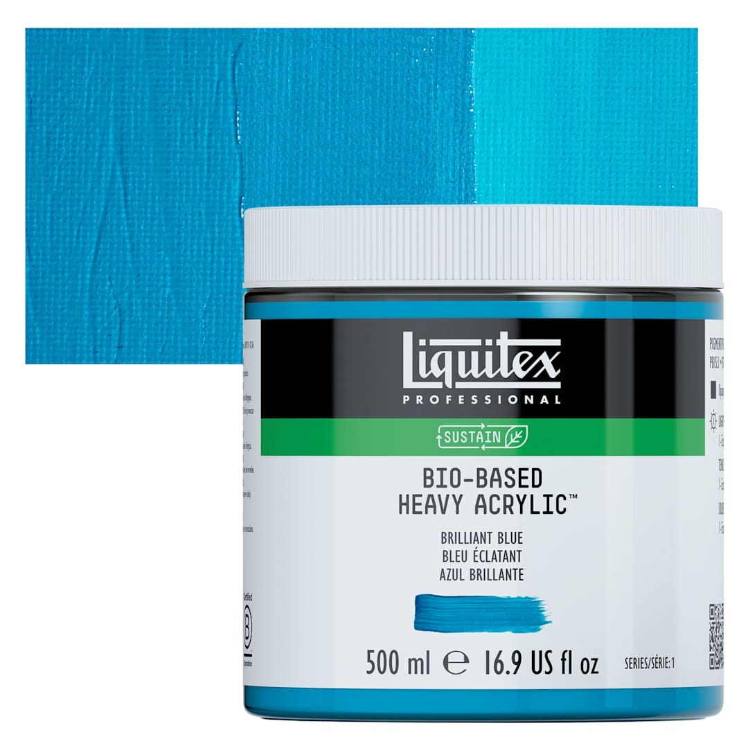 Open in modal - Liquitex Bio-Based Heavy Acrylic Paint - Brilliant Blue, 500 ml jar and swatch