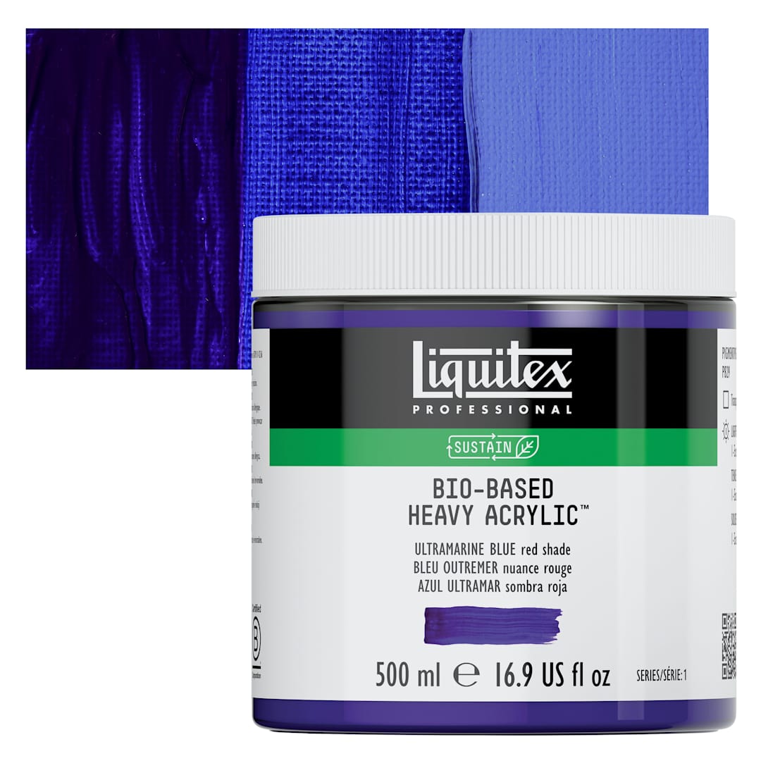 Open in modal - Liquitex Bio-Based Heavy Acrylic Paint - Ultramarine Blue (Red Shade), 500 ml jar and swatch
