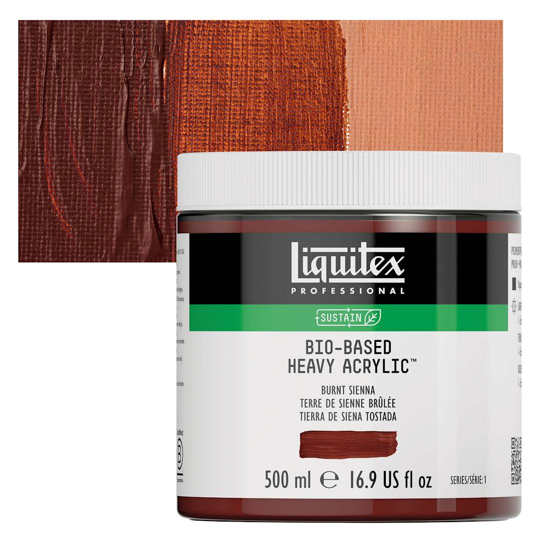 Open in modal - Liquitex Bio-Based Heavy Acrylic Paint - Burnt Sienna, 500 ml jar and swatch