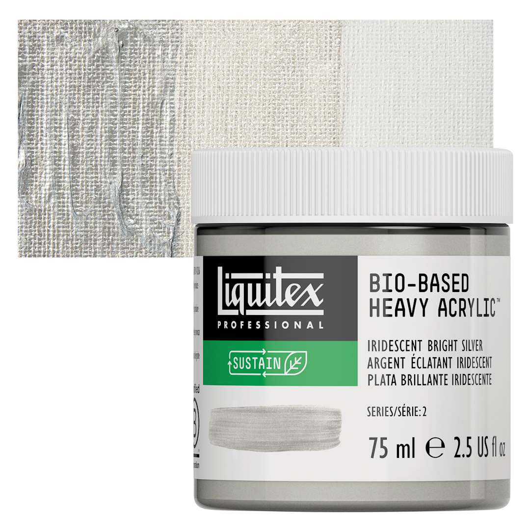 Open in modal - Liquitex Bio-Based Heavy Acrylic Paint - Iridescent Bright Silver, 75 ml jar and swatch