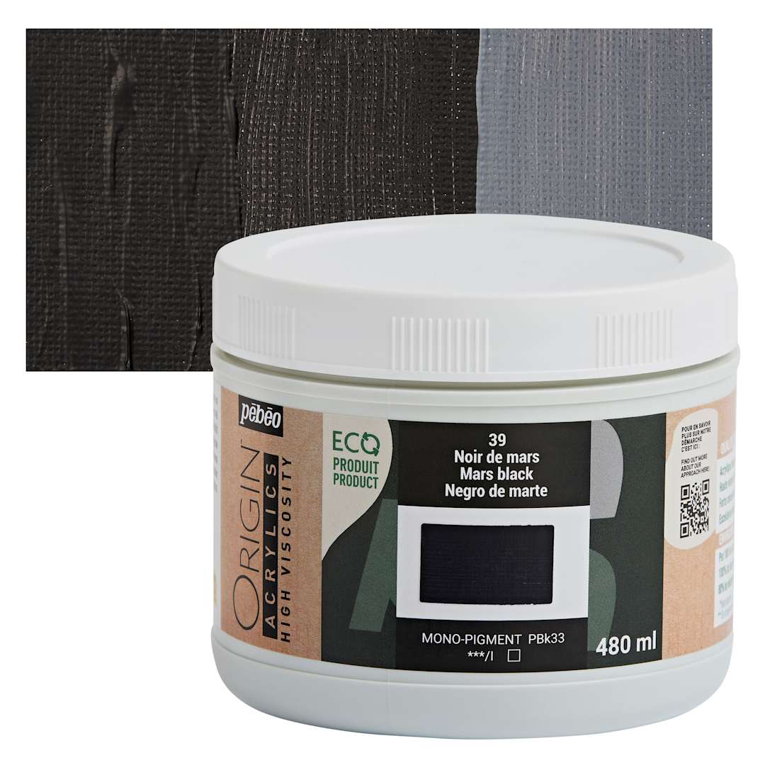 Open in modal - Pebeo Origin Acrylic Paint - Mars Black, 480 ml jar and swatch