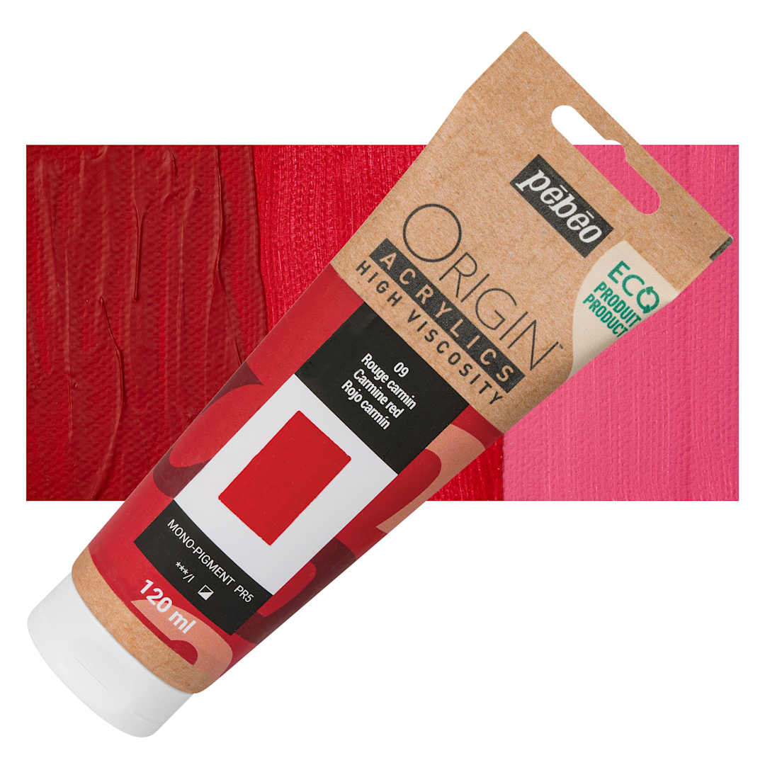 Open in modal - Pebeo Origin Acrylic Paint - Carmine Red, 120 ml tube and swatch
