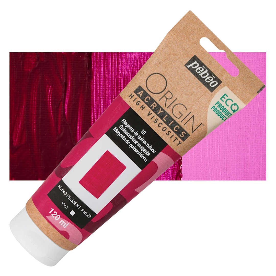 Open in modal - Pebeo Origin Acrylic Paint - Quinacridone Magenta, 120 ml tube and swatch