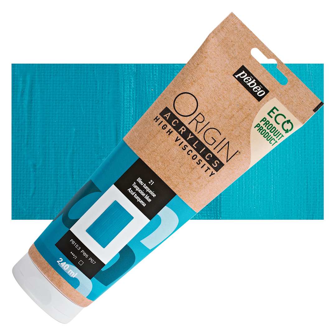 Open in modal - Pebeo Origin Acrylic Paint - Turquoise Blue, 240 ml tube and swatch