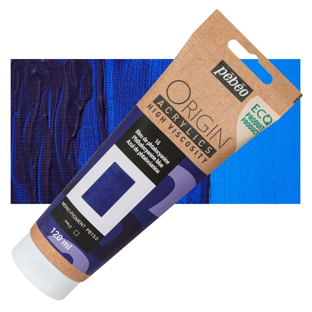 Open in modal - Pebeo Origin Acrylic Paint - Phthalocyanine Blue, 120 ml tube and swatch