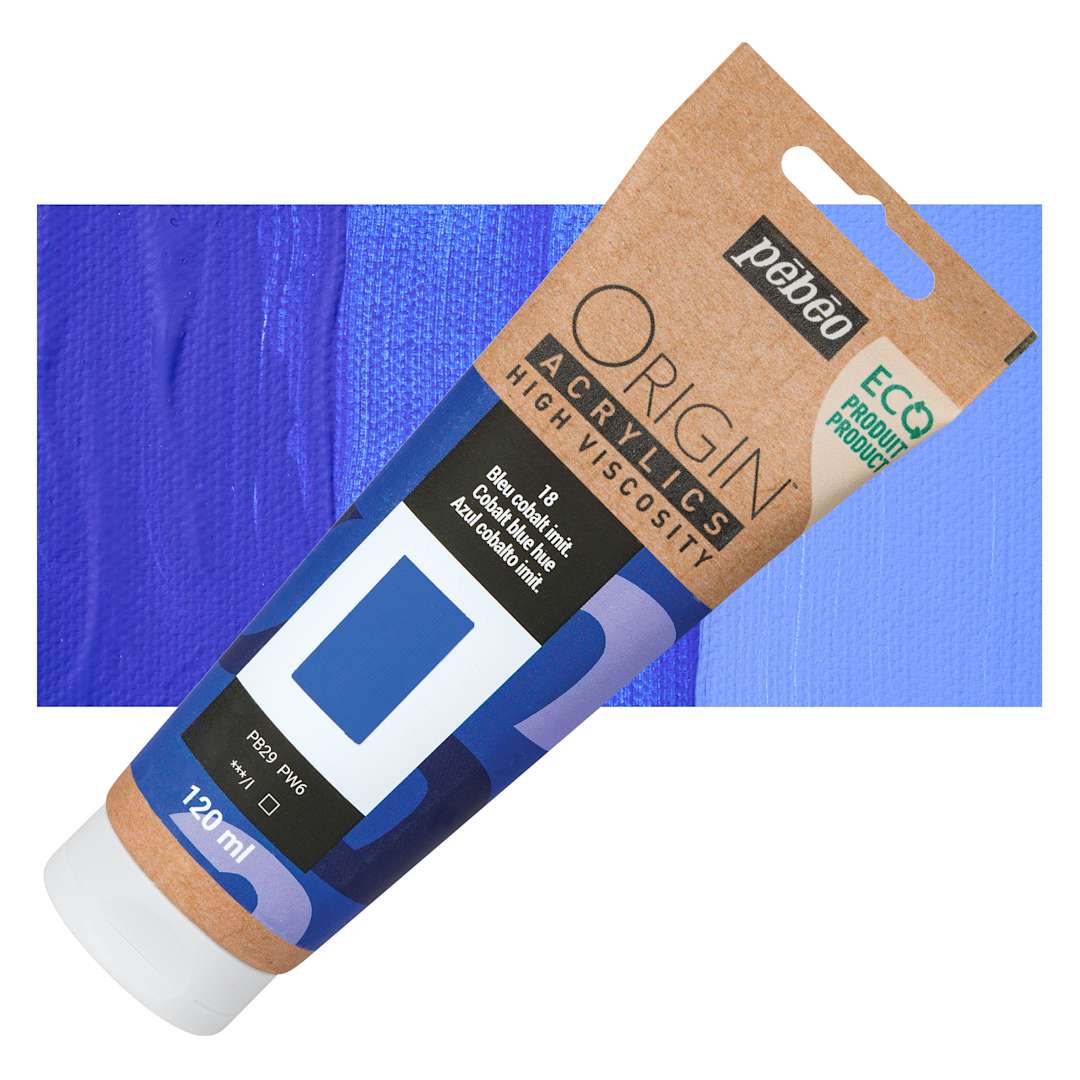 Open in modal - Pebeo Origin Acrylic Paint - Cobalt Blue Hue - tube and swatch
