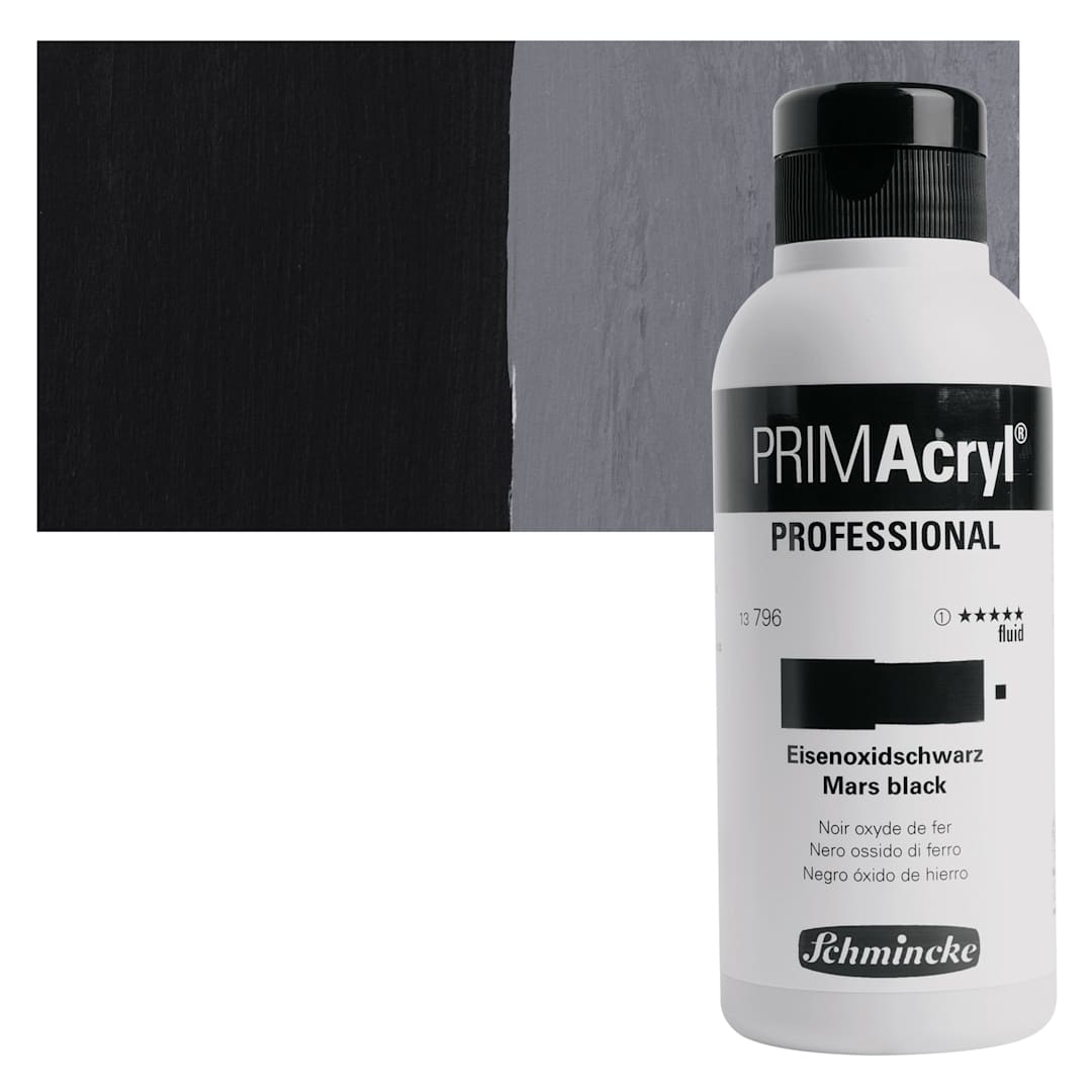 Open in modal - Schmincke Primacryl Professional Fluid Acrylic - Mars Black, 250 ml bottle and swatch
